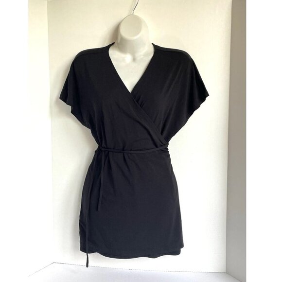 Eileen Fisher Wrap Top Medium Black V-Neck Short Sleeve Jersey Boxy Blouse Ties - Picture 3 of 7